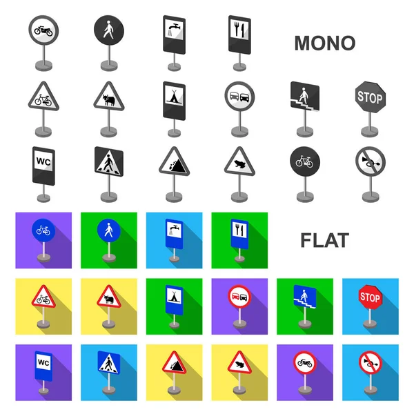 Diferentes tipos de sinais de estrada ícones planos na coleção de conjuntos para design. Sinais de advertência e proibição Símbolos vetoriais ilustração web . — Vetor de Stock