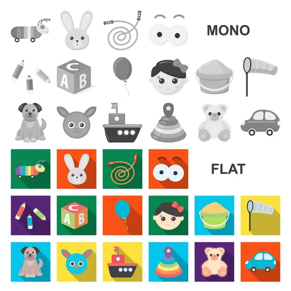 Niños juguetes iconos planos en la colección de conjuntos para el diseño. Juego y bauble vector símbolo stock web ilustración . — Vector de stock