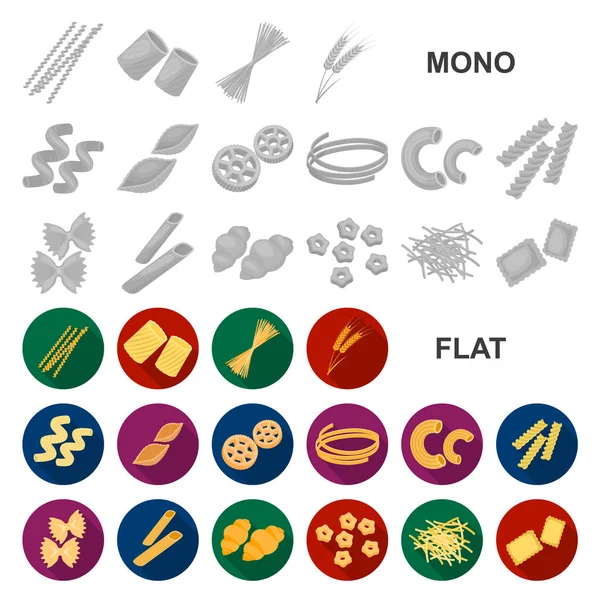 Soorten pasta plat pictogrammen in set collectie voor design. Dacht voor het eten van symbool voorraad web vectorillustratie macaroni. — Stockvector