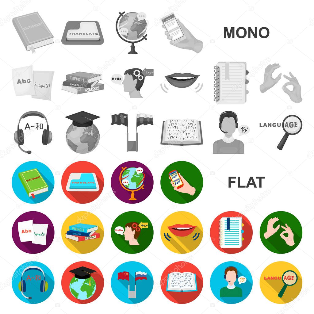 Translator and linguist flat icons in set collection for design. Interpreter vector symbol stock web illustration.