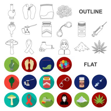 Drug addiction and attributes flat icons in set collection for design. Addict and Drug vector symbol stock web illustration. clipart
