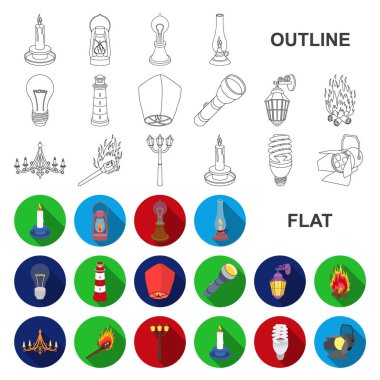 Işık kaynağı set koleksiyonu tasarım için düz simgeler. Işık ve ekipman sembol stok web illüstrasyon vektör.