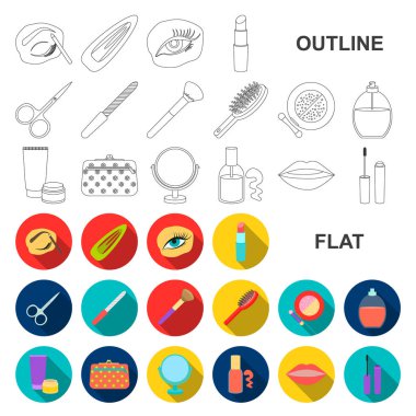 Makyaj ve kozmetik set koleksiyonu tasarım için simgeleri düz. Makyaj ve ekipman sembol stok web illüstrasyon vektör.