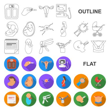 Woman and pregnancy flat icons in set collection for design. Gynecology and equipment vector symbol stock web illustration. clipart
