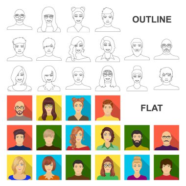 Avatar ve yüz düz simgeler set koleksiyonu tasarım için. Bir kişi görünümü vektör simge stok web çizim.