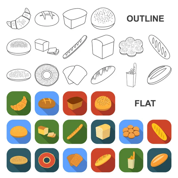 Typy ikon płaski chleb w kolekcja zestaw do projektowania. Produkty piekarnicze symbol web czas ilustracja wektorowa. — Wektor stockowy