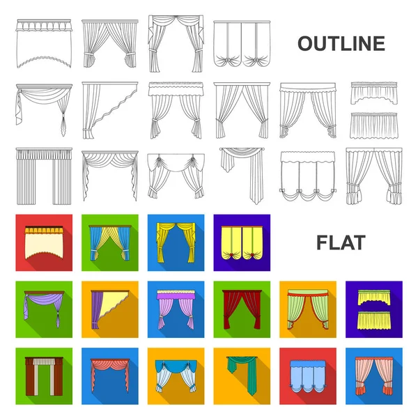 Olika typer av gardiner platt ikoner i set samling för design. Gardiner och lambrequiner vektor symbol lager web illustration. — Stock vektor