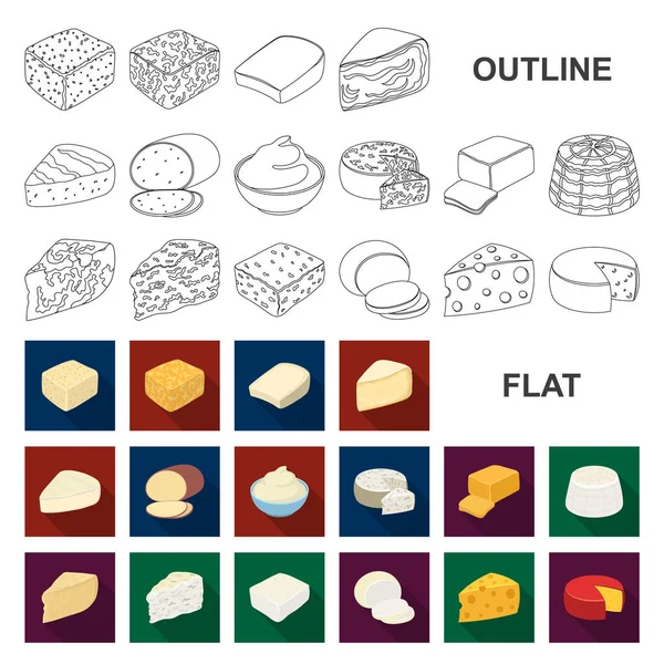 Diferentes tipos de ícones planos de queijo na coleção de conjuntos para design.Milk produto queijo vetor símbolo web ilustração . — Vetor de Stock