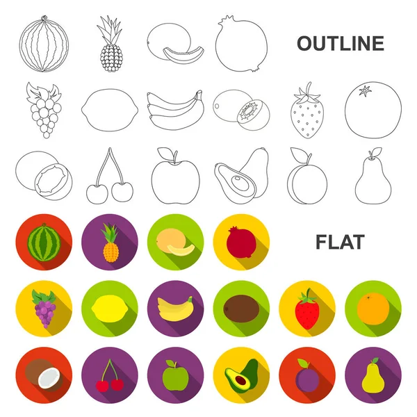 Diferentes frutas iconos planos en la colección de conjuntos para el diseño. Frutas y vitaminas vector símbolo stock web ilustración . — Vector de stock