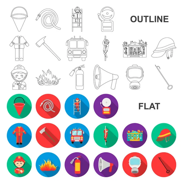 Departamento de bomberos iconos planos en la colección de conjuntos para el diseño. Bomberos y equipos vector símbolo stock web ilustración . — Vector de stock