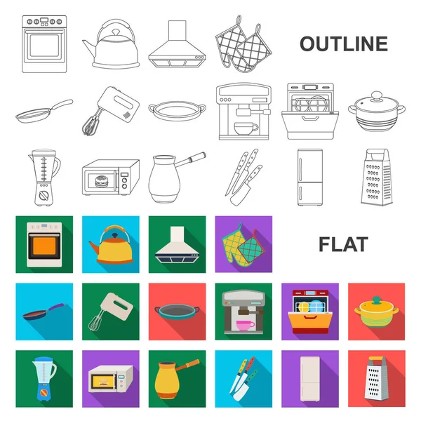 Kuchyňské vybavení ploché ikony v kolekce sady pro design. Kuchyně a příslušenství vektorové ilustrace symbolů akcií web. — Stockový vektor