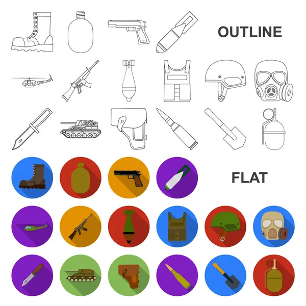 Ejército y armamento iconos planos en la colección de conjuntos para el diseño. Armas y equipo vector símbolo stock web ilustración . — Vector de stock