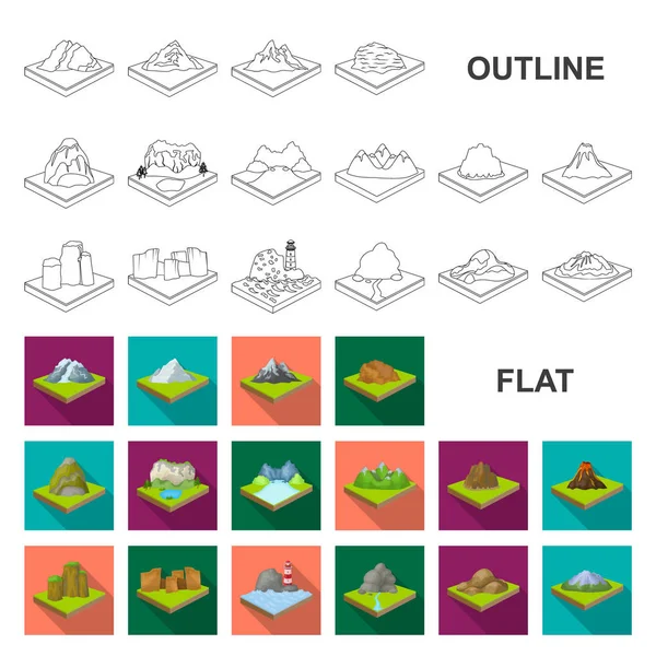 Góry, masywne płaski ikony w kolekcja zestaw do projektowania. Powierzchni ziemi wektorowego izometryczny symbol zasobów sieci web. — Wektor stockowy