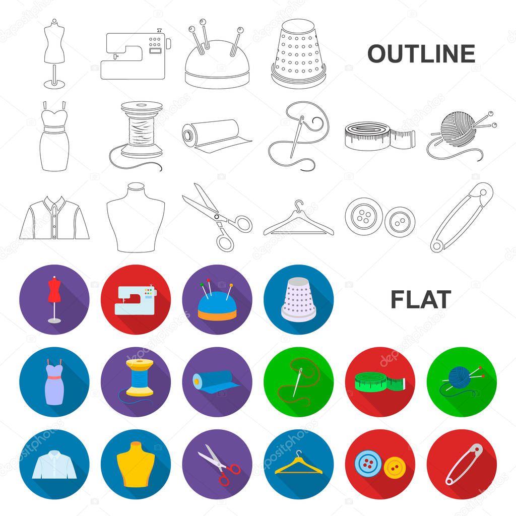 Atelier and sewing flat icons in set collection for design. Equipment and tools for sewing vector symbol stock web illustration.
