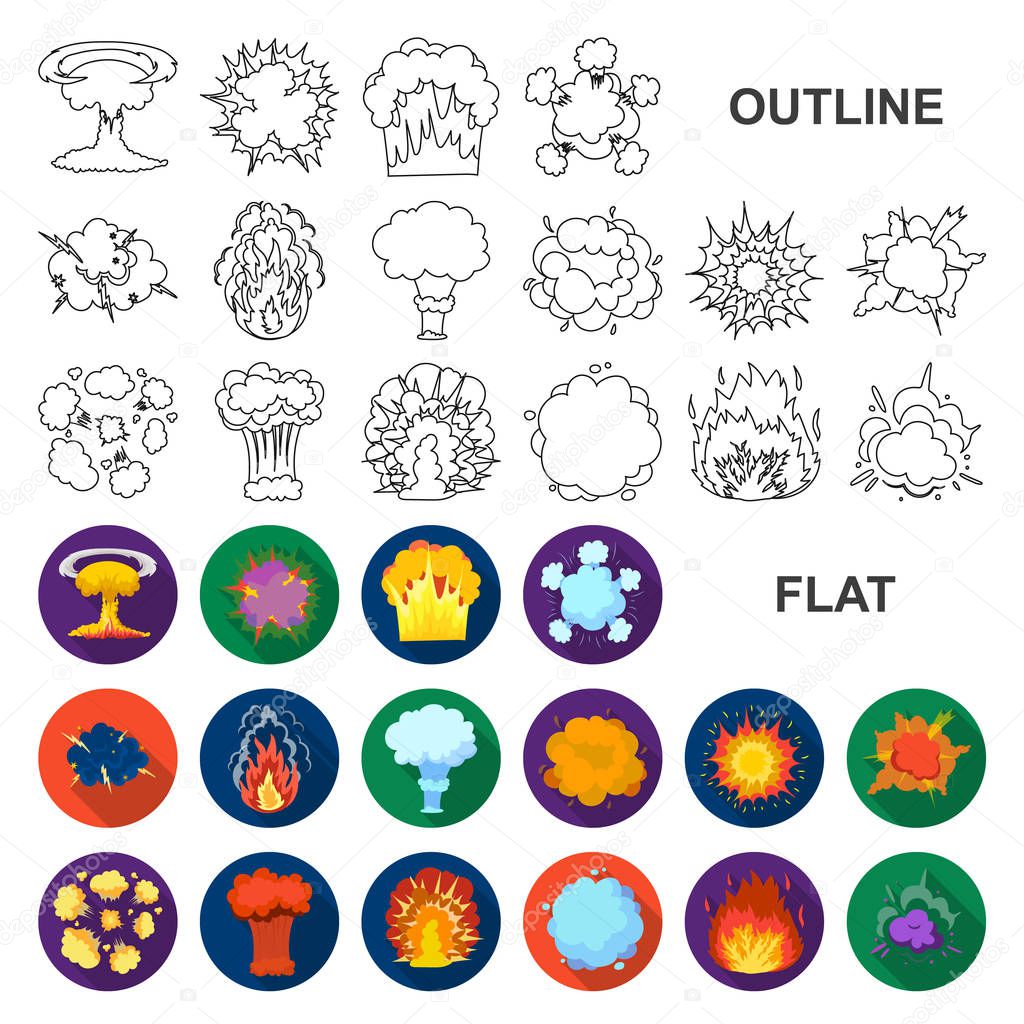Different explosions flat icons in set collection for design.Flash and flame vector symbol stock web illustration.