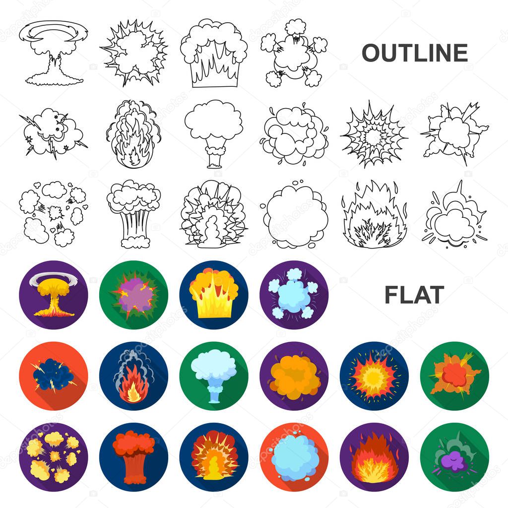 Different explosions flat icons in set collection for design.Flash and flame vector symbol stock  illustration.