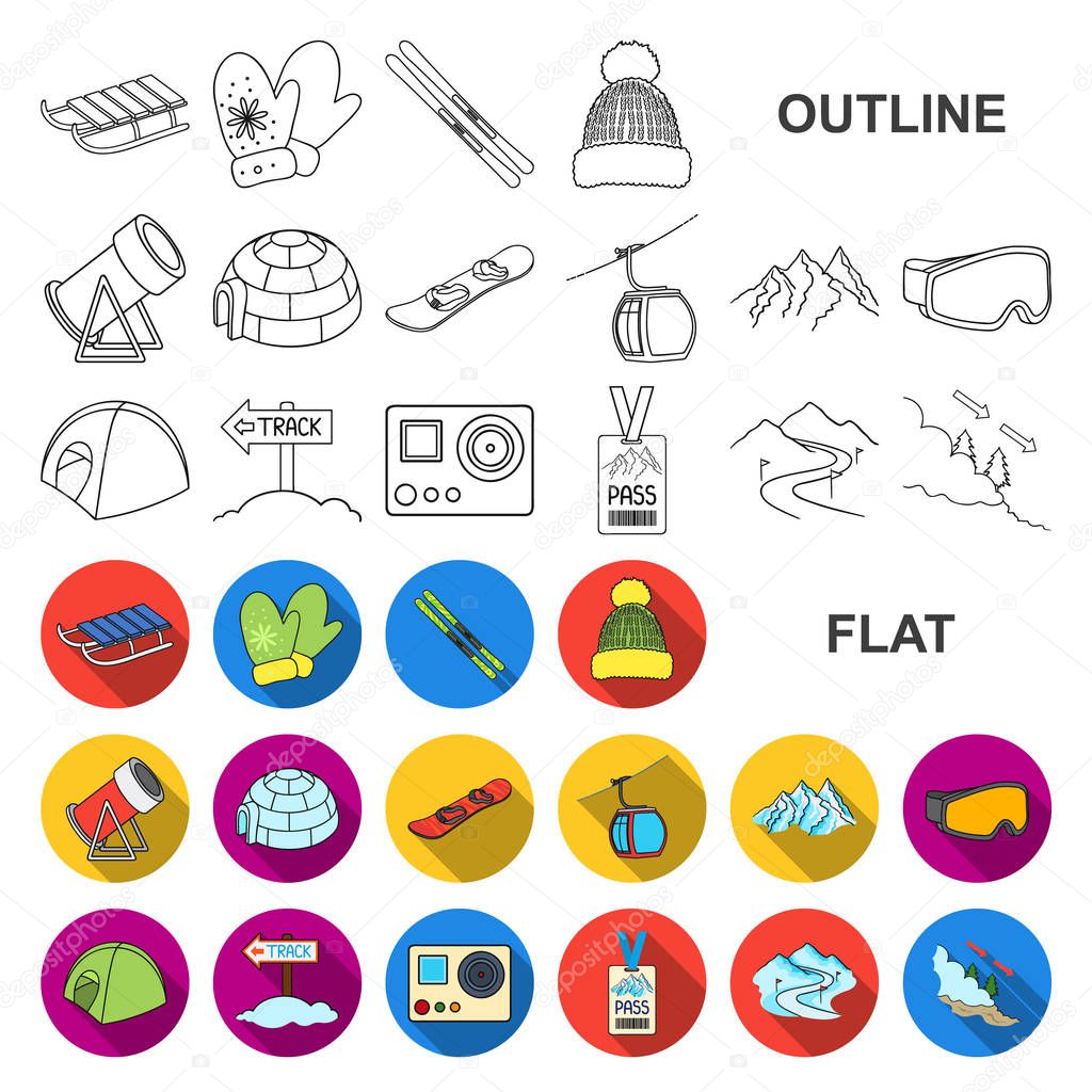 Ski resort and equipment flat icons in set collection for design. Entertainment and recreation vector symbol stock  illustration.