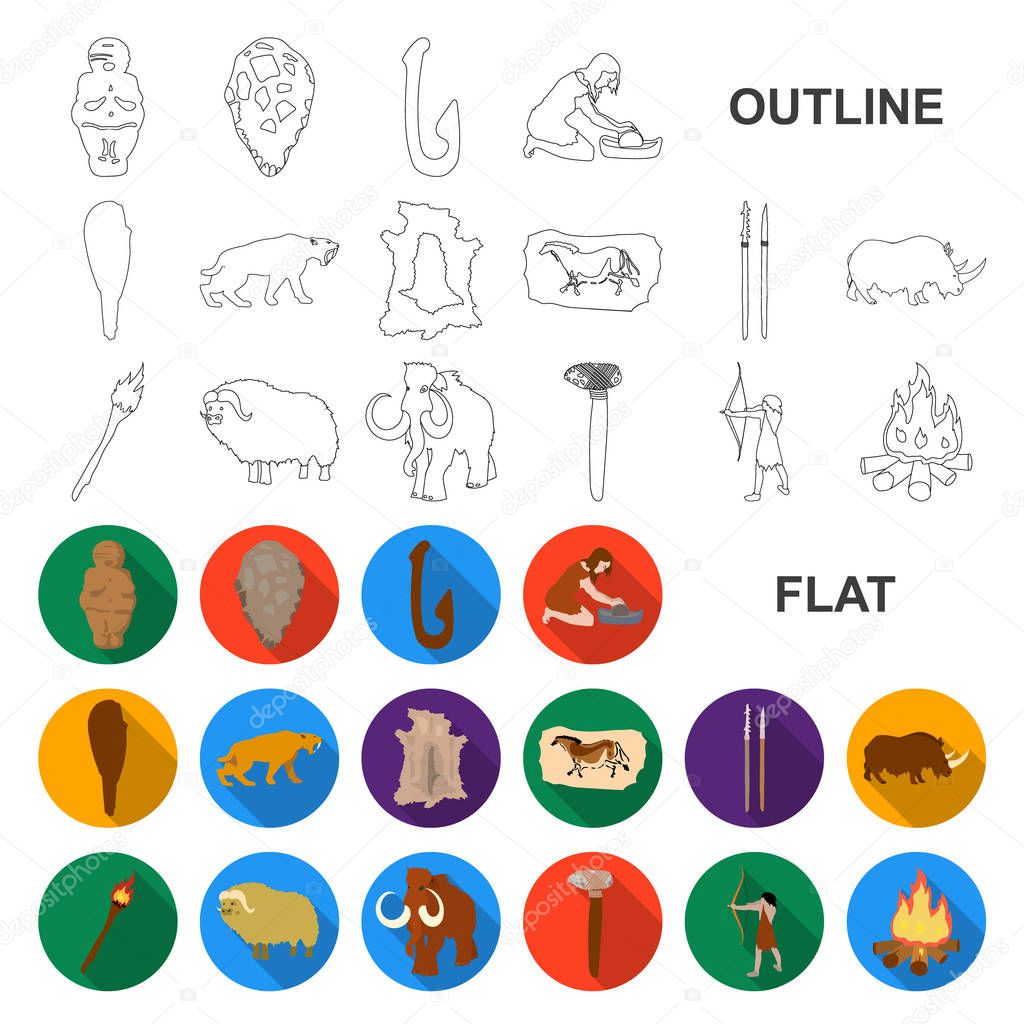 Life in the Stone Age flat icons in set collection for design. Ancient people vector symbol stock web illustration.