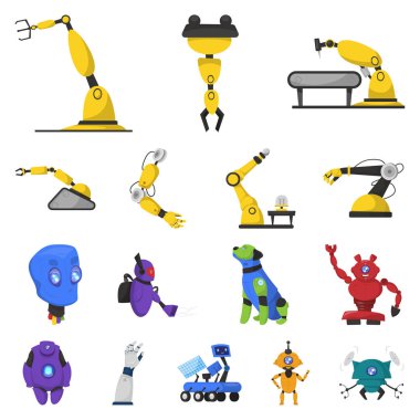 Robot ve fabrika simge vektör Illustration. Hisse senedi için robot ve uzay vektör simge topluluğu.