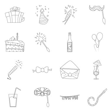 Parti ve Doğum günü logo vektör tasarımı. Parti ve kutlama hisse senedi vektör çizim seti.