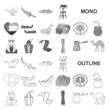 Set koleksiyonu tasarım için ülke Birleşik Arap Emirlikleri monochrom simgeler. Turizm ve cazibe simge stok web illüstrasyon vektör.