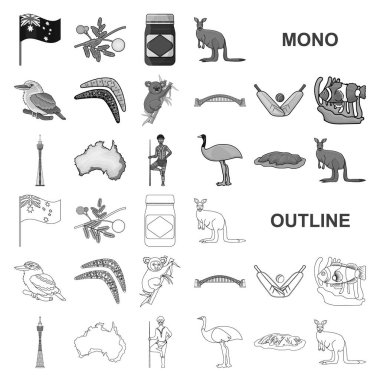 Set koleksiyonu tasarım için ülke Avustralya monochrom simgeler. Sembol stok web illüstrasyon vektör seyahat ve konumlar.