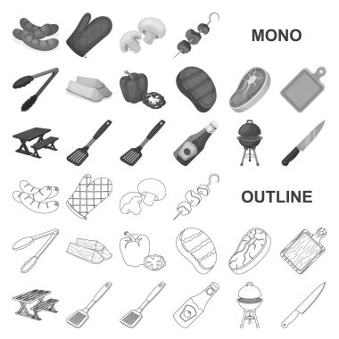 Set koleksiyonu tasarım için Barbekü ve ekipman monochrom simgeler. Piknik ve kızartmaları sembol stok web illüstrasyon vektör.