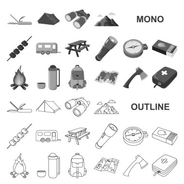 Set koleksiyonu tasarım için kamp monochrom Icons bekletin. Kamp ve ekipman sembol stok illüstrasyon vektör.