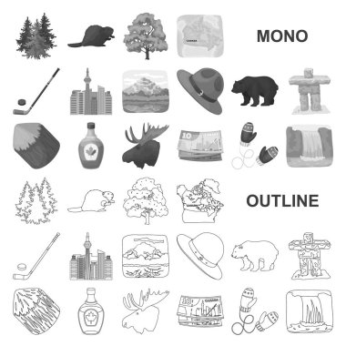 Set koleksiyonu tasarım için ülke Kanada monochrom simgeler. Kanada ve dönüm noktası sembol stok web illüstrasyon vektör.