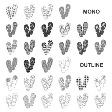 Parmak arası terlik monochrom set koleksiyonu tasarım için simgeler. Beach Ayakkabı sembol stok web illüstrasyon vektör.