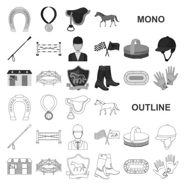 Set koleksiyonu tasarım için Hipodrom ve at monochrom simgeler. Sembol stok web illüstrasyon vektör at yarışı ve ekipman.