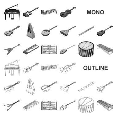 Set koleksiyonu tasarım için müzik aleti monochrom simgeler. Resimde web dize ve nefesli/üflemeli saz izometrik vektör simge stok.