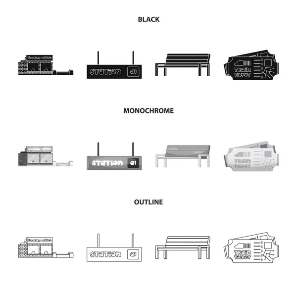 Illustrazione vettoriale del segnale ferroviario e della stazione. Set di treno e biglietto simbolo stock per il web . — Vettoriale Stock