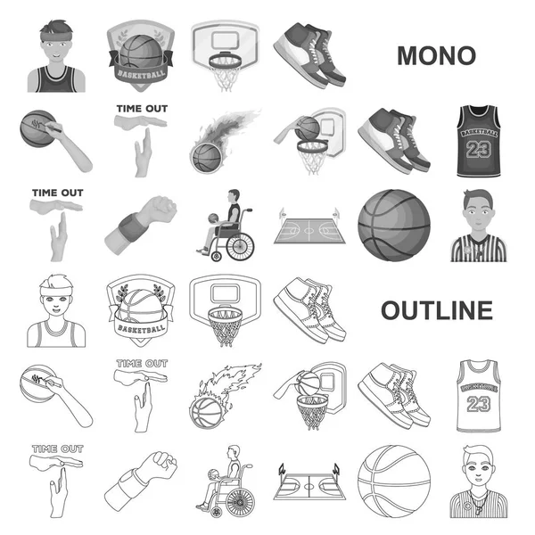 Баскетбол и атрибуты монохромные иконы в коллекции наборов для дизайна.Баскетболист и оборудование векторные символы фондовых веб-иллюстрации . — стоковый вектор