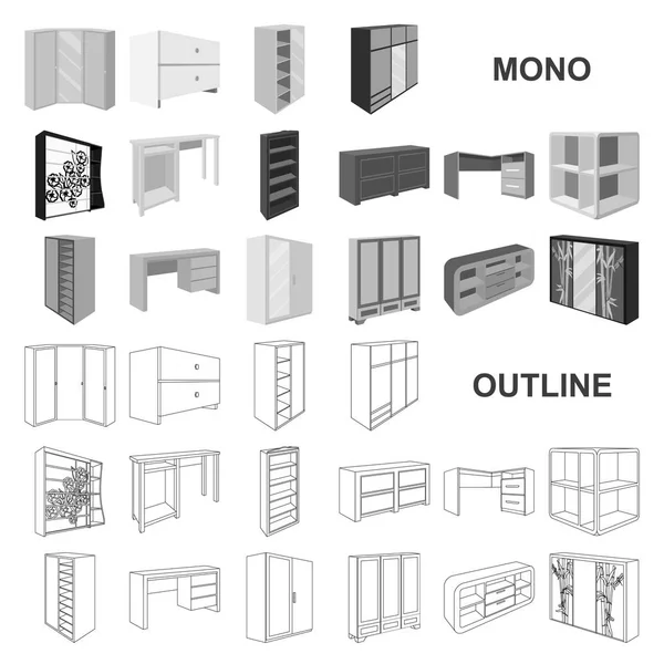 Muebles de dormitorio iconos monocromáticos en colección de conjuntos para el diseño. Muebles de madera modernos vector isométrico símbolo stock web ilustración . — Vector de stock