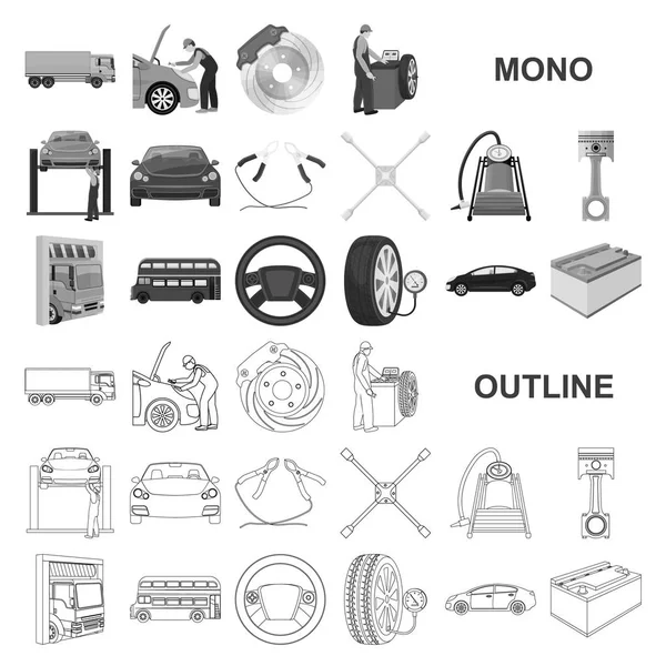 Auto, Lift, Pumpe und andere Ausrüstung Monochrom-Symbole in Set Sammlung für Design. Auto Wartung Station Vektor Symbol Lager Illustration Web. — Stockvektor