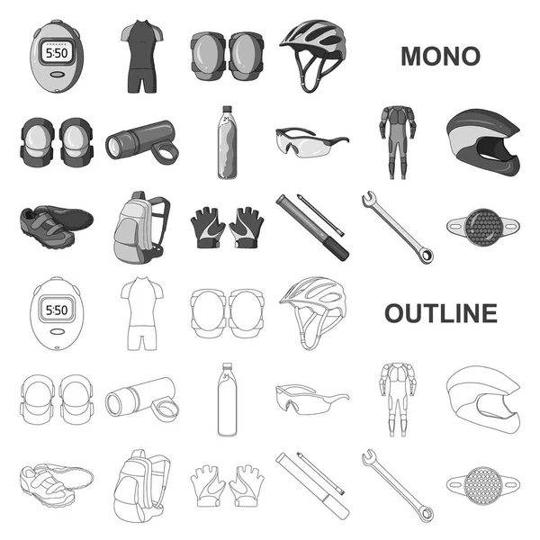 Traje de bicicleta iconos monocromáticos en la colección de conjuntos para el diseño. Bicicleta y herramienta vector símbolo stock web ilustración . — Archivo Imágenes Vectoriales