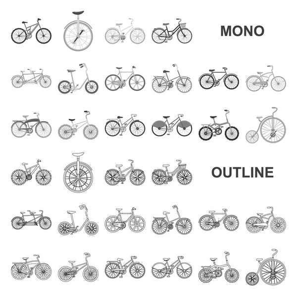 Verschiedene fahrräder monochrom-symbole in set-kollektion für design. die Art des Transportvektors Symbol Stock Web Illustration. — Stockvektor