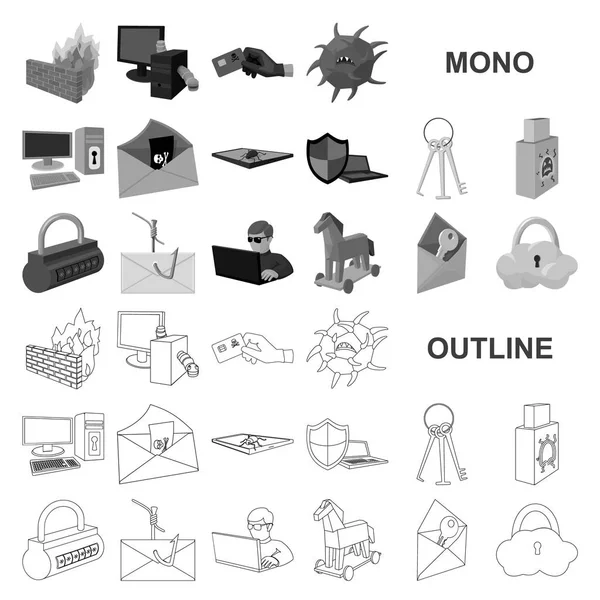 Hacker och hacking monochrom ikoner i set insamling för design. Hacker och utrustning vektor symbol lager web illustration. — Stock vektor