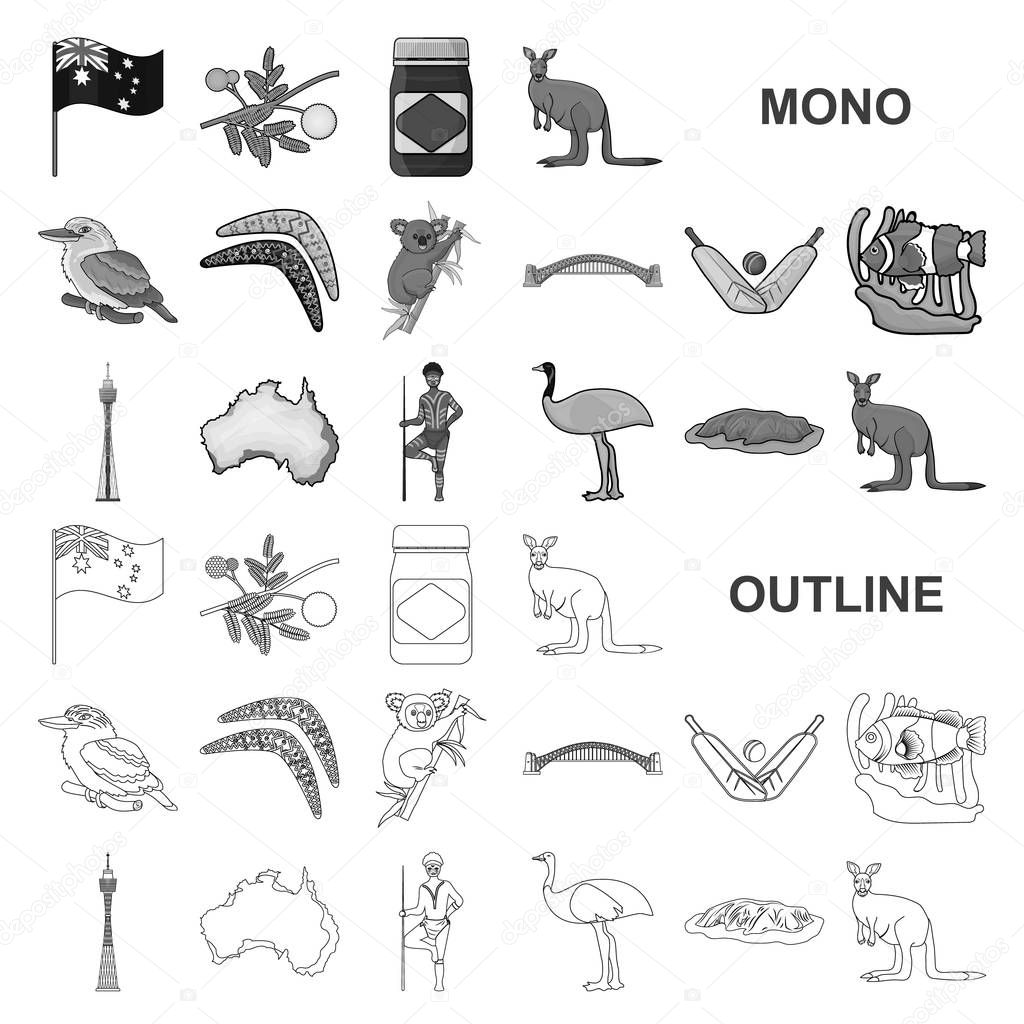 Country Australia monochrom icons in set collection for design.Travel and attractions vector symbol stock web illustration.