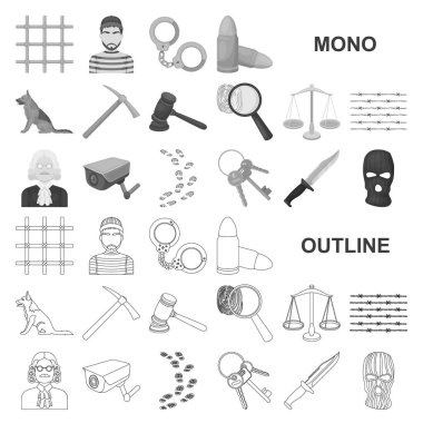Hapishane ve set koleksiyonu tasarım için ceza monochrom simgeler. Hapishane ve öznitelikleri sembol stok web illüstrasyon vektör.