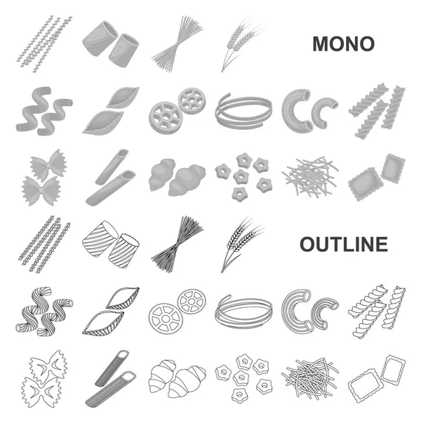 Soorten Pasta Monochrom Pictogrammen Set Collectie Voor Design Dacht Macaroni — Stockvector