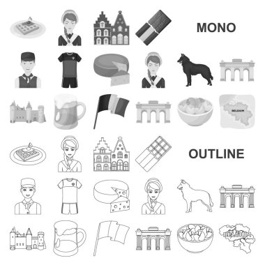 Set koleksiyonu tasarım için ülke Belçika monochrom simgeler. Seyahat ve konumlar Belçika sembol stok illüstrasyon vektör.