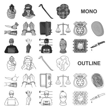 Set koleksiyonu tasarım için suç ve ceza monochrom simgeler. Suç vektör simge stok web çizim.