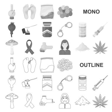 Drug addiction and attributes monochrom icons in set collection for design. Addict and Drug vector symbol stock web illustration. clipart