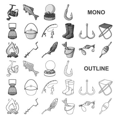 Set koleksiyonu tasarım için balıkçılık ve dinlenme monochrom simgeler. Vektör simge stok web illüstrasyon Balık tutma için mücadele.