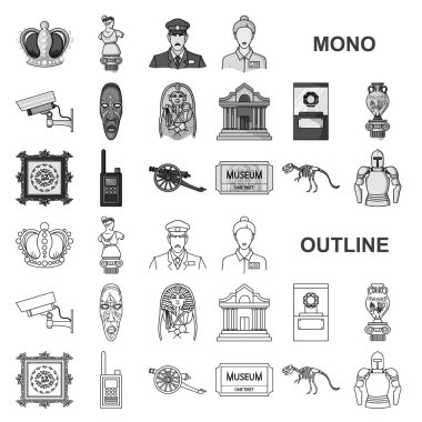 Set koleksiyonu tasarım için müze ve Galeri monochrom simgeler. Depolama ve serginin görülmeye değer parça sembol stok web illüstrasyon vektör.