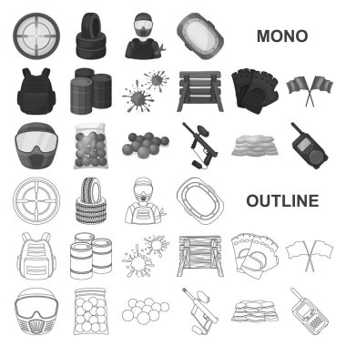 Paintball, takım oyunu monochrom simgeleri set koleksiyonu tasarım için. Ekipman ve kıyafet sembol stok web illüstrasyon vektör.