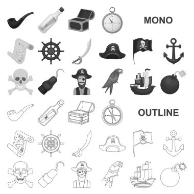 Korsan, deniz soyguncu monochrom simgeleri set koleksiyonu tasarım için. Hazineler, öznitelikleri sembol stok web illüstrasyon vektör.
