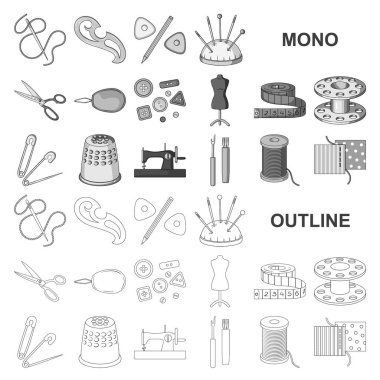 Dikiş, atelier monochrom simgeler toplama tasarımı için ayarlayın. Araç kiti vektör simge stok web çizim.